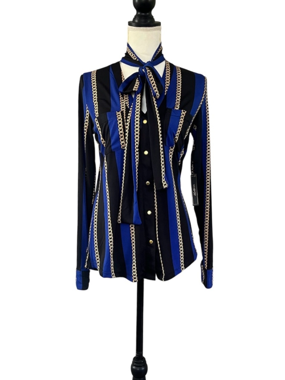 NWT MaxSport Chain Print Pattern Neck Tie Long Sleeve Cobalt Blouse Size Medium - Picture 4 of 13